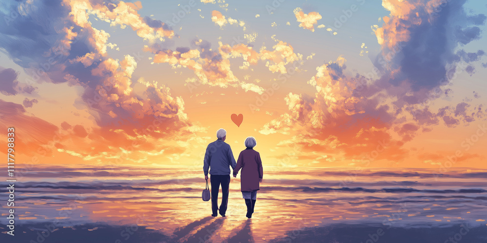 Fototapeta premium Elderly couple walking on beach at sunset, holding hands under a heart symbol