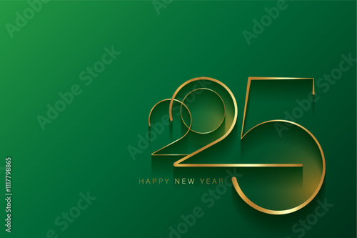 2025 New Year gold logo design. Holiday greeting card. Copy space. Vector design for greeting card, invitation, calendar, party, golden festive banner isolated on light green background