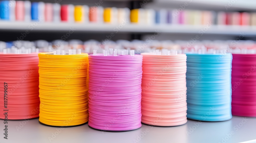 A colorful display of sewing thread spools arranged neatly, showcasing vibrant hues of pink, yellow, and blue against a blurred background of additional threads. A colorful display of sewing thread spools arranged neatly, showcasing vibrant hues of pink, yellow, and blue against a blurred background of additional threads.