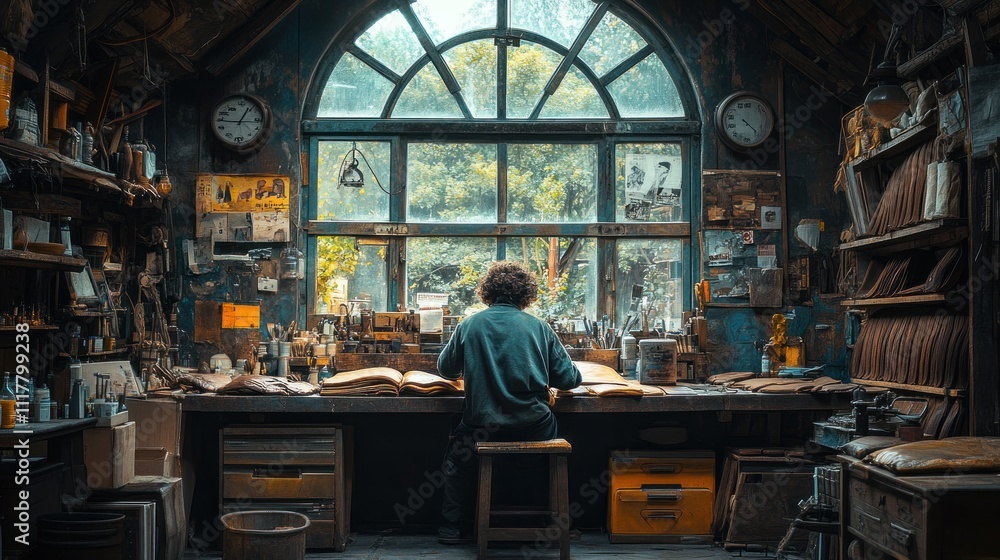 person studying in a cozy, cluttered workshop with large windows person studying in a cozy, cluttered workshop with large windows