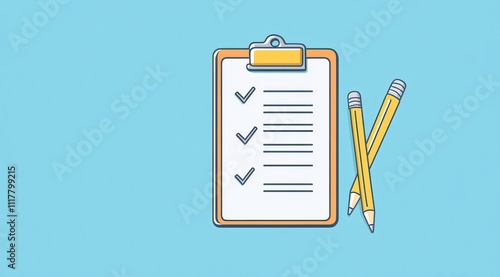 A clipboard with a list of items and a pencil on it. The clipboard is yellow and the pencils are yellow