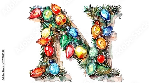 Watercolor Christmas letter N decorated with lights and pine branches.