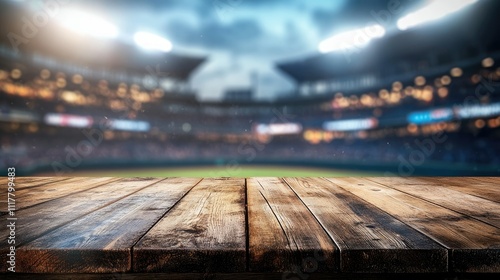 Wallpaper Mural Rustic wooden table surface with a dreamy, blurred view of a brightly lit baseball stadium behind it. Torontodigital.ca