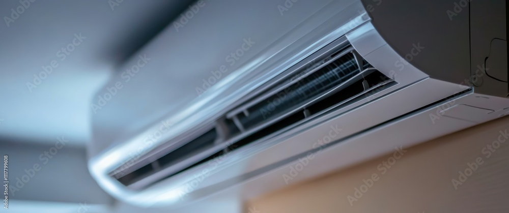 A white air conditioner with a black grill is turned on. The grill is open, allowing air to flow through the unit. The air conditioner is located on the ceiling, providing cool air to the room below A white air conditioner with a black grill is turned on. The grill is open, allowing air to flow through the unit. The air conditioner is located on the ceiling, providing cool air to the room below