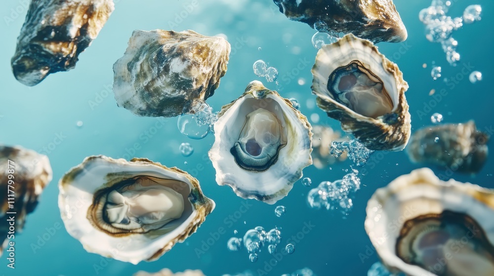 A group of oysters are floating in the water. The oysters are in various stages of opening, with some still closed and others already partially open. The scene is serene and peaceful A group of oysters are floating in the water. The oysters are in various stages of opening, with some still closed and others already partially open. The scene is serene and peaceful