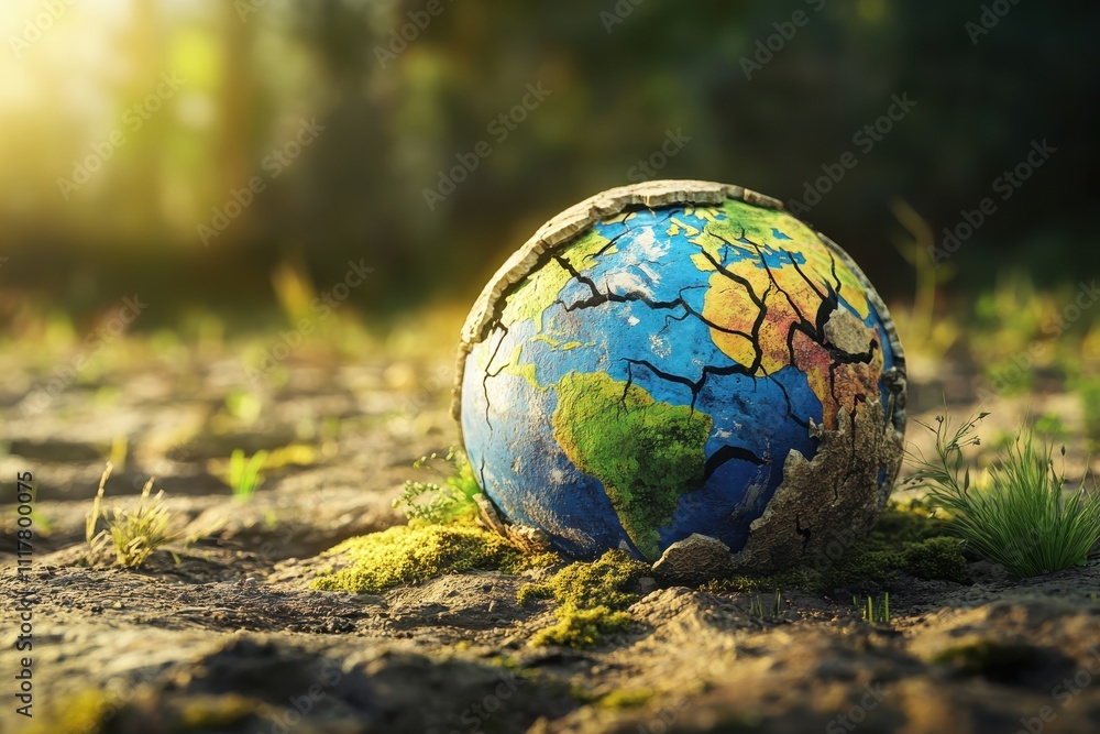 A broken globe with a cracked surface sits on the ground. The globe is surrounded by grass and dirt, giving it a natural and earthy feel A broken globe with a cracked surface sits on the ground. The globe is surrounded by grass and dirt, giving it a natural and earthy feel