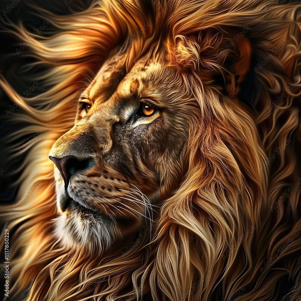 Fototapeta premium Majestic lion with flowing mane, intense gaze.