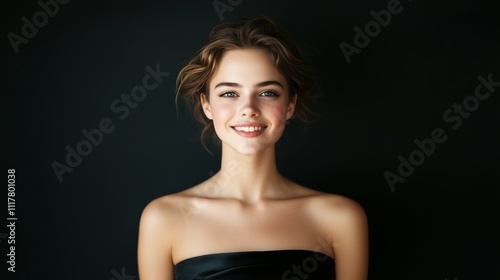 Woman smiling in a dark setting showcasing her confident expression and natural beauty