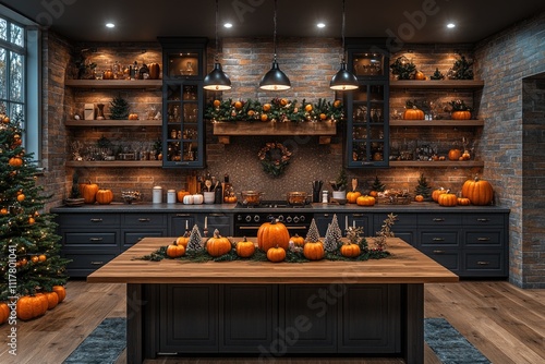 A Halloween-themed kitchen with pumpkins and candles, ideal for decorations or social media posts photo