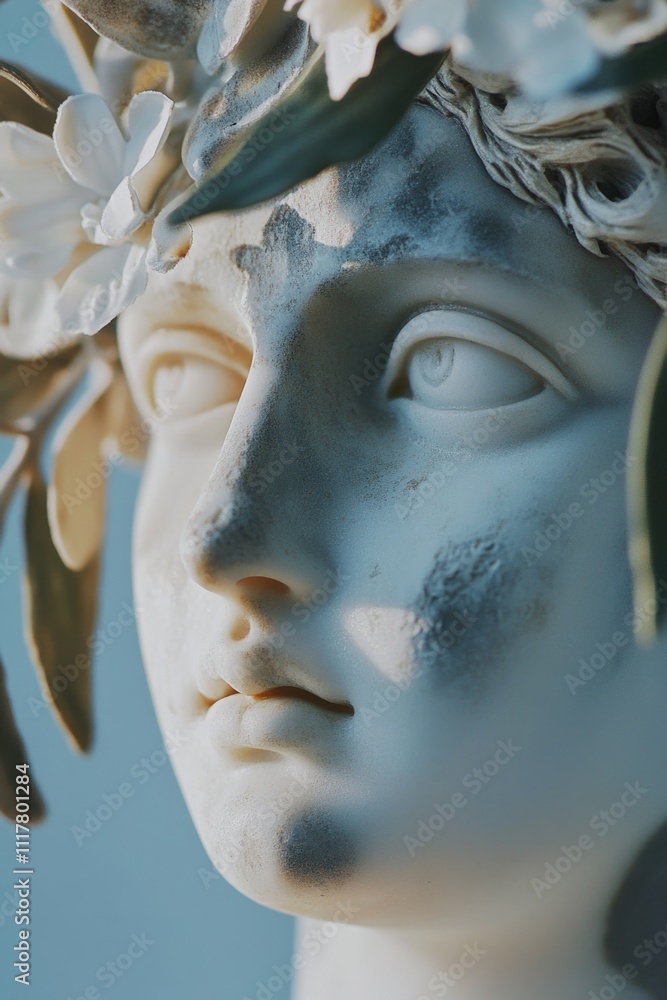 Close-up shot of a female statue adorned with flowers, ideal for decorative or artistic purposes Close-up shot of a female statue adorned with flowers, ideal for decorative or artistic purposes