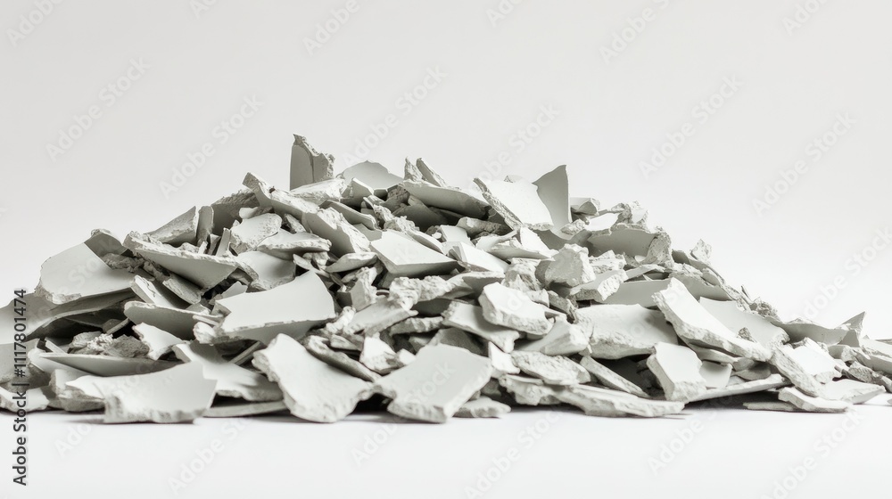 Side perspective of fragmented ceramic shards forming a single heap, sharp focus on white. Side perspective of fragmented ceramic shards forming a single heap, sharp focus on white.