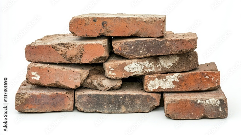 Side pile of worn-out bricks with dirt smudges, emphasizing raw, rugged textures on a clean white background Side pile of worn-out bricks with dirt smudges, emphasizing raw, rugged textures on a clean white background