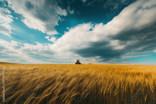 A tractor is driving through a field of tall grass. The sky is cloudy and the sun is shining through the clouds. Empty space for logo or text, mockup