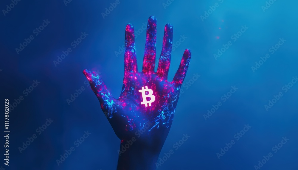 A hand is holding a Bitcoin symbol. The hand is covered in neon paint, giving the image a futuristic and artistic feel. The use of the hand as a symbol for Bitcoin represents the idea of control A hand is holding a Bitcoin symbol. The hand is covered in neon paint, giving the image a futuristic and artistic feel. The use of the hand as a symbol for Bitcoin represents the idea of control