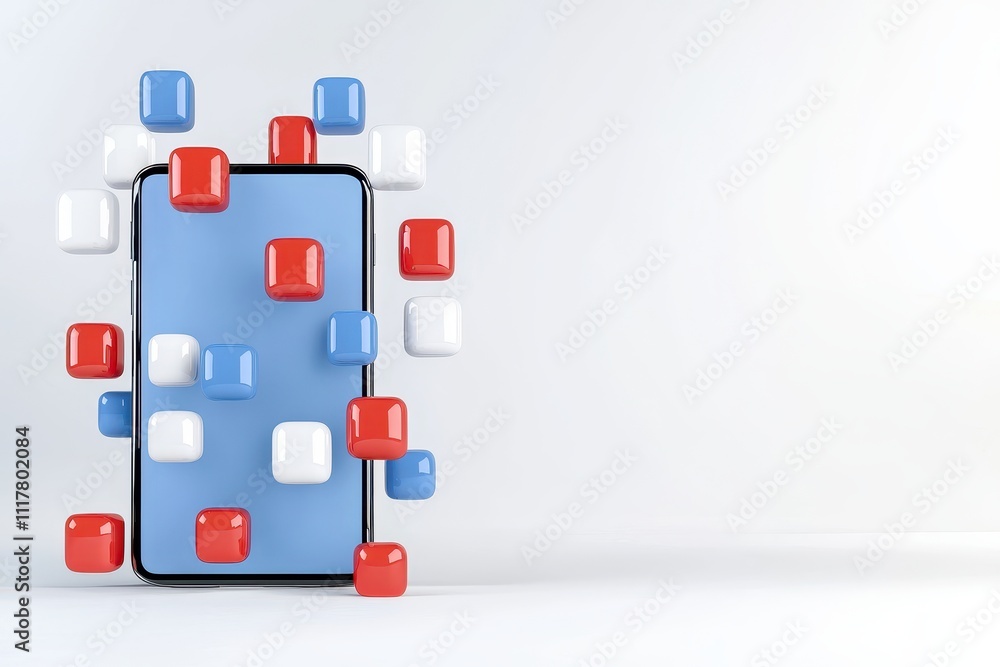 A smartphone is surrounded by colorful 3D cubes, creating a modern and dynamic visual effect against a clean backdrop.