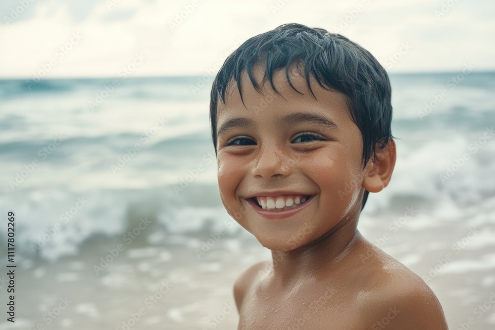 A happy child looking directly into the camera lens while sitting on a sandy beach A happy child looking directly into the camera lens while sitting on a sandy beach