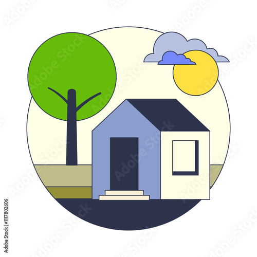Simple house outline with tree and sun, symbolizing home and nature.
