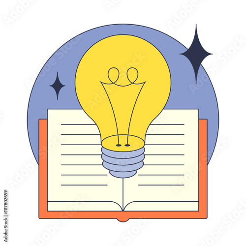 An open book with a lightbulb symbolizes knowledge and ideas.