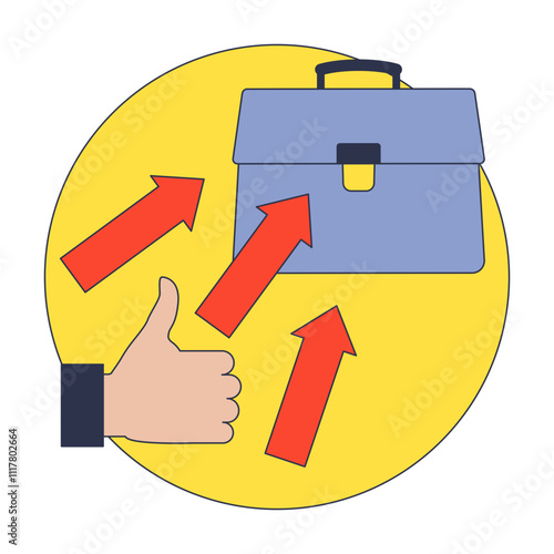 Thumbs up with arrows pointing to a briefcase symbolizes business success.