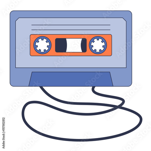 Illustration of a cassette tape with unwound tape, symbolizing nostalgia and retro music.