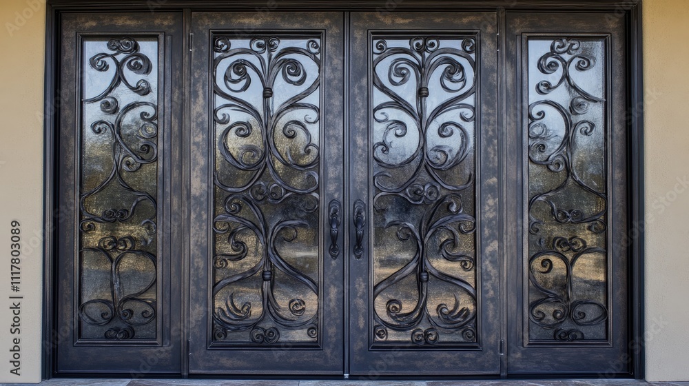 Elegant Iron Double Doors with Intricate Designs and Glass Panels Elegant Iron Double Doors with Intricate Designs and Glass Panels