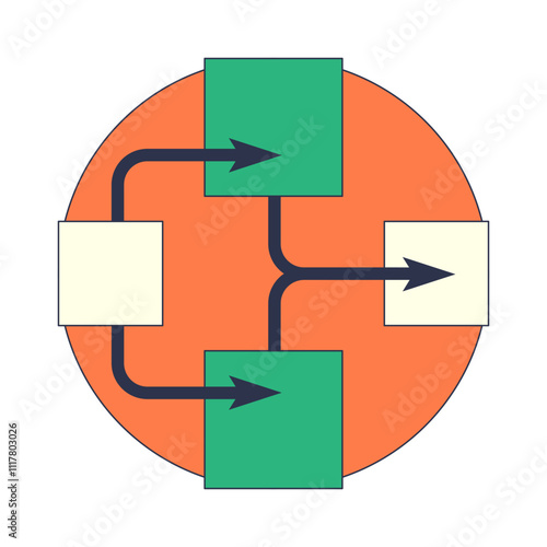Flowchart with arrows connecting green and white blocks on an orange circle, symbolizing process flow.