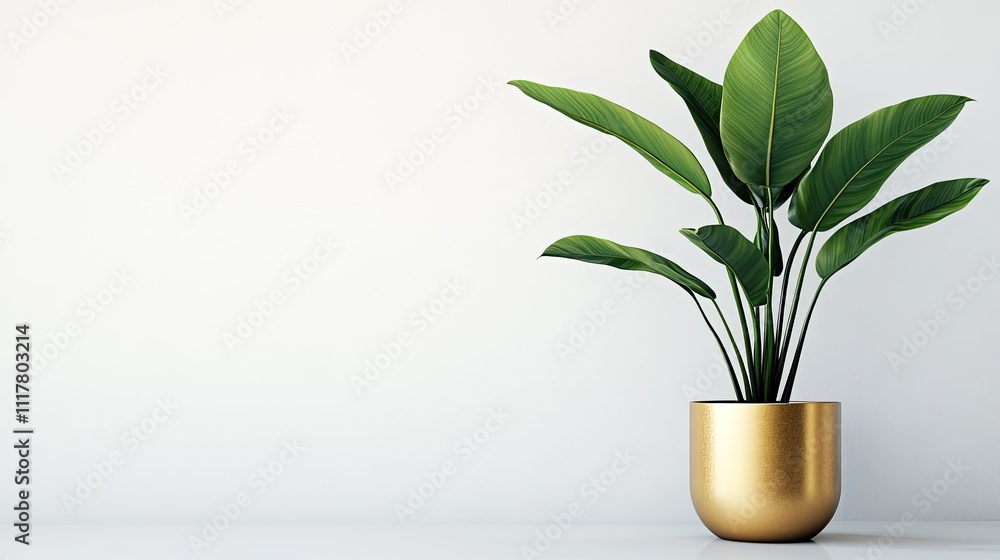 Lush Green Plant in Elegant Gold Pot on Minimalist White Background Lush Green Plant in Elegant Gold Pot on Minimalist White Background