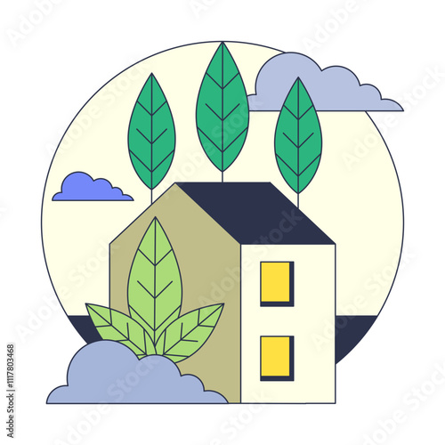 House with rooftop garden, large leaves, and clouds symbolizing urban greenery.