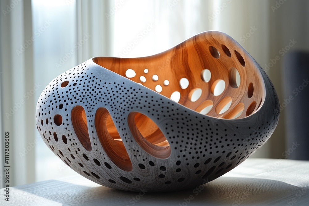A simple white vase with holes on it, sitting on a table A simple white vase with holes on it, sitting on a table
