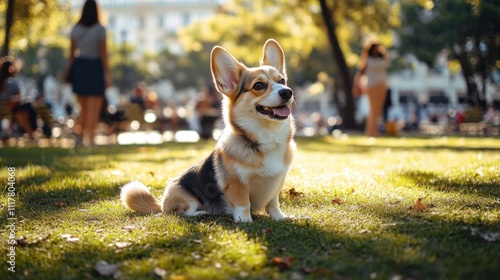 A dog sitting on the grass in a park photo