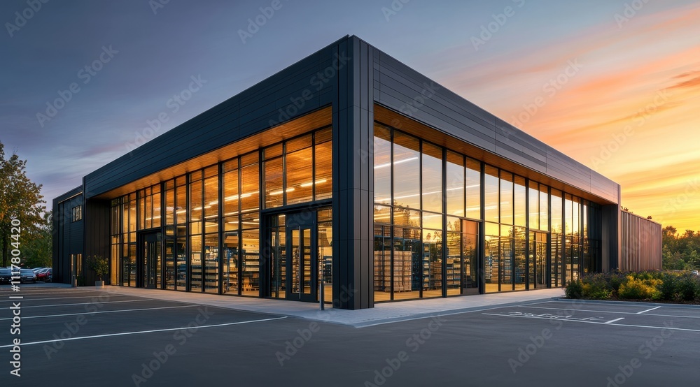 A large building with a lot of windows and a glass facade. The building is surrounded by parking lots and trees A large building with a lot of windows and a glass facade. The building is surrounded by parking lots and trees