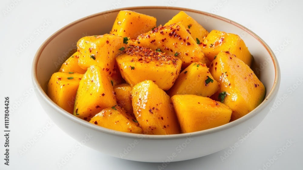 Bright yellow sliced mango served with a little chili powder in a white ceramic bowl, a refreshing and healthy food on an isolated white background. Bright yellow sliced mango served with a little chili powder in a white ceramic bowl, a refreshing and healthy food on an isolated white background.