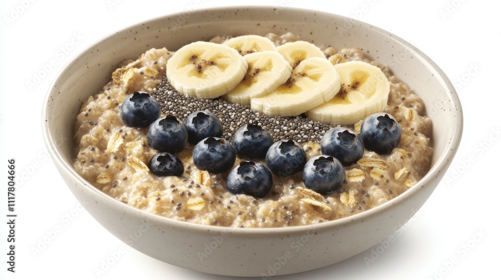 Isolated on the white background of a bowl of oatmeal with sliced banana, chia seeds, and blueberries for a healthy food. Isolated on the white background of a bowl of oatmeal with sliced banana, chia seeds, and blueberries for a healthy food.