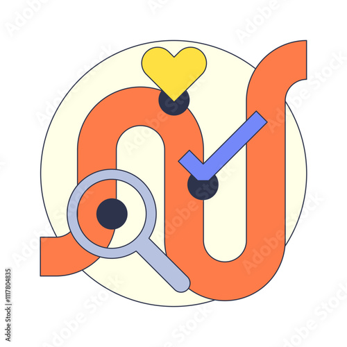 Illustration of a user journey map with a path, magnifying glass, heart, and checkmark.