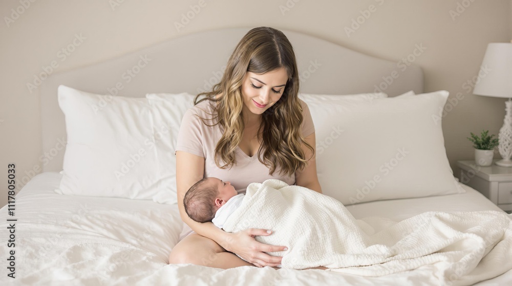 Loving mother cradles her newborn on a cozy bed in a serene bedroom setting Loving mother cradles her newborn on a cozy bed in a serene bedroom setting