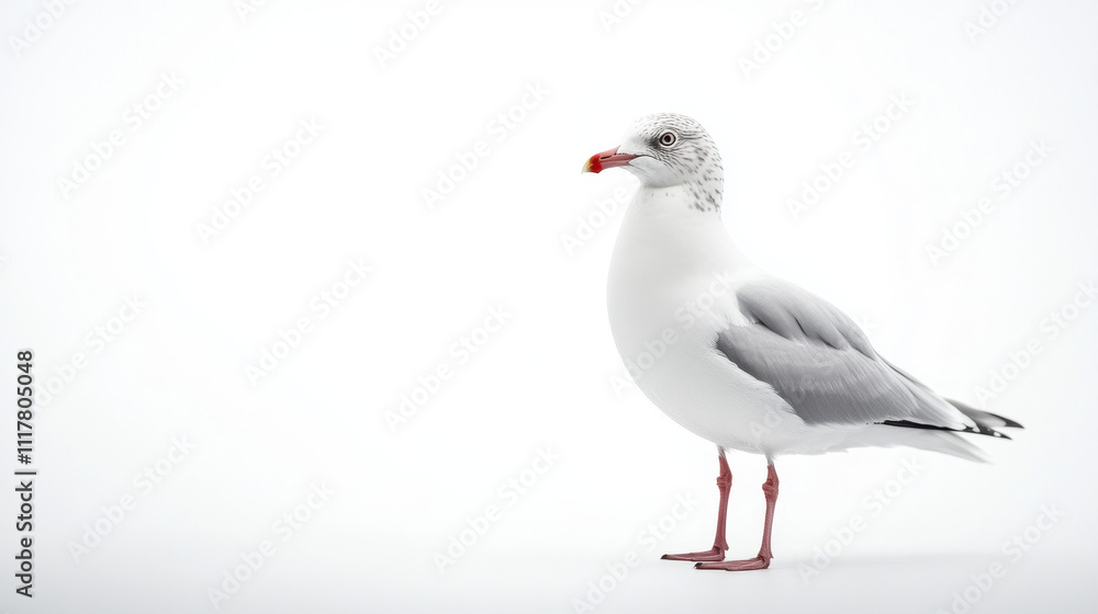 A lone seagull with striking grey and white plumage stands gracefully against a stark white background, exuding a sense of simplicity and elegance. A lone seagull with striking grey and white plumage stands gracefully against a stark white background, exuding a sense of simplicity and elegance.