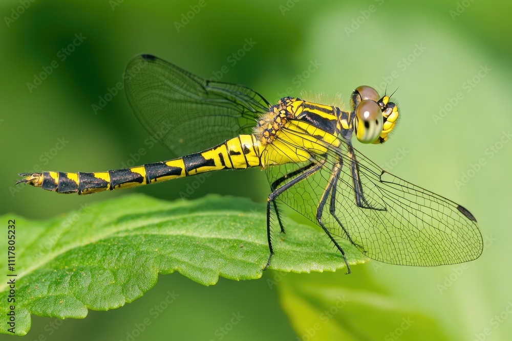 A detailed view of a dragonfly sitting on a leaf, ready to take flight A detailed view of a dragonfly sitting on a leaf, ready to take flight