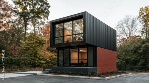 Wallpaper Mural A small black house with a red brick exterior sits in a wooded area. The house has a modern design and is surrounded by trees Torontodigital.ca