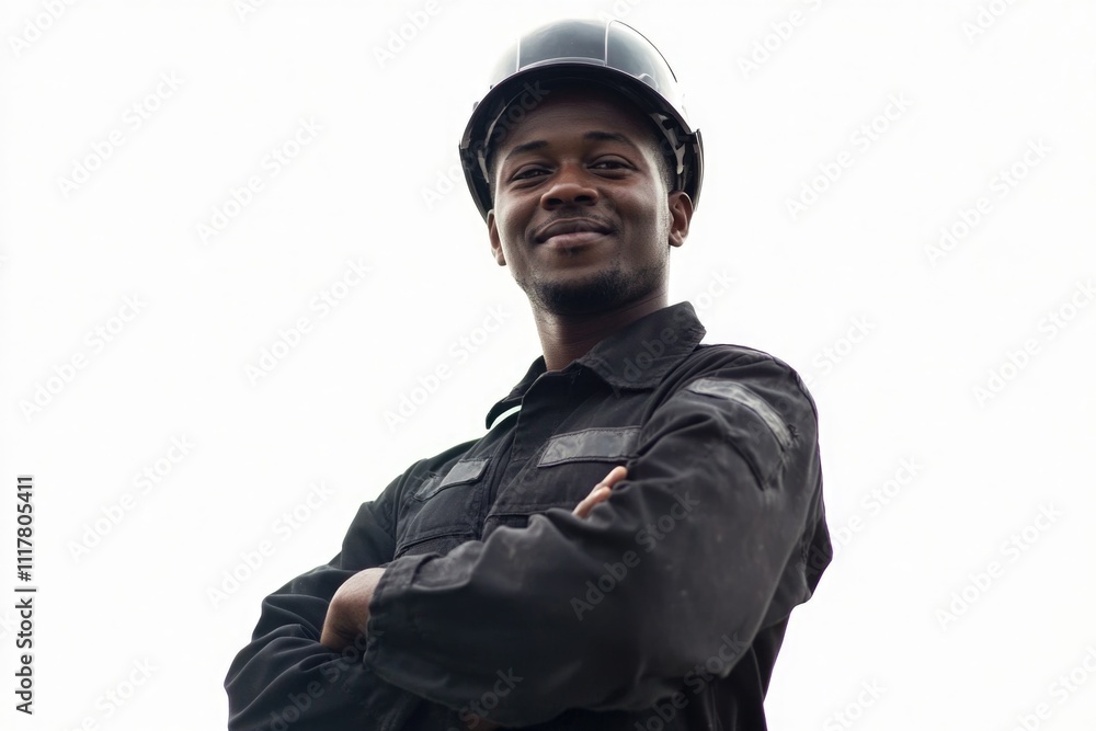A worker wearing a hard hat and standing with his arms crossed, ready for task A worker wearing a hard hat and standing with his arms crossed, ready for task