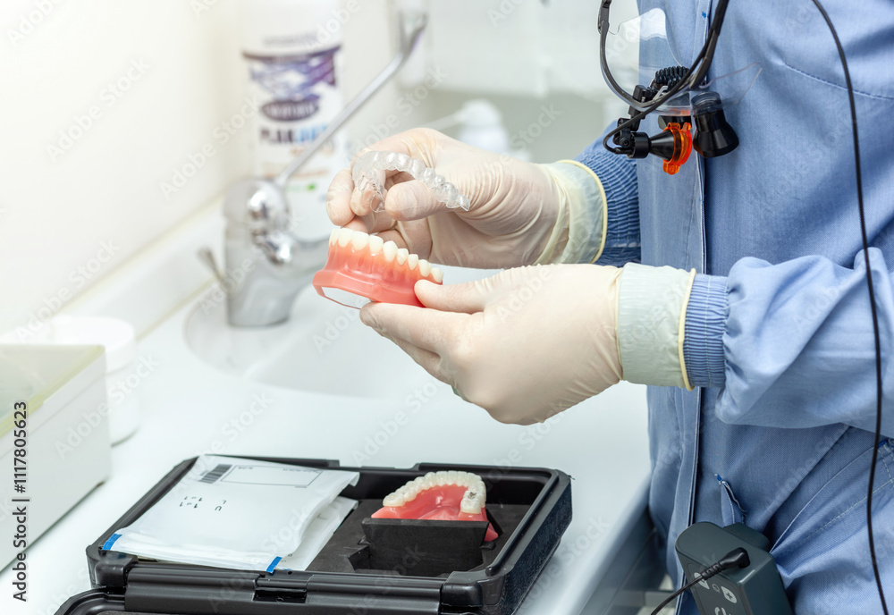 Dentist placing invisible aligner on dental mold in clinic Dentist placing invisible aligner on dental mold in clinic