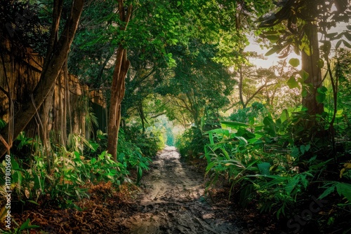 Wallpaper Mural Path leading through lush green tropical forest canopy Torontodigital.ca