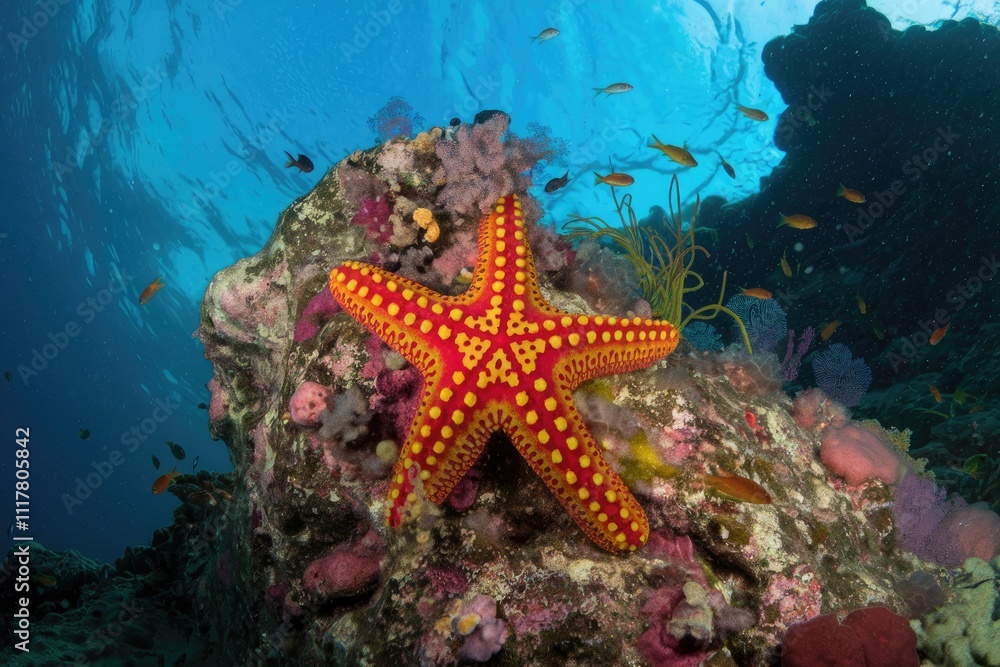 Red starfish sitting on a rock surrounded by fish and coral reef in the ocean Red starfish sitting on a rock surrounded by fish and coral reef in the ocean