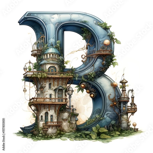 Ornate letter B shaped like a whimsical tower with balconies, plants, and steampunk elements.