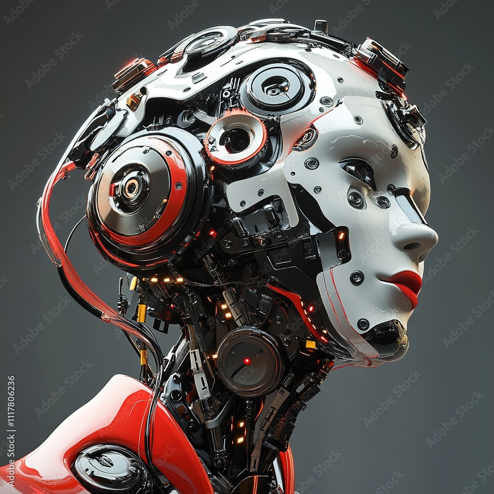 Futuristic humanoid robot with intricate mechanical details and red accents in a studio-style dark background, technology-inspired illustration Futuristic humanoid robot with intricate mechanical details and red accents in a studio-style dark background, technology-inspired illustration