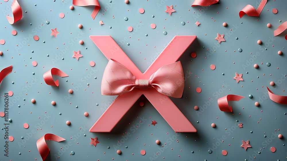 Pink letter X decorated with a bow and confetti.