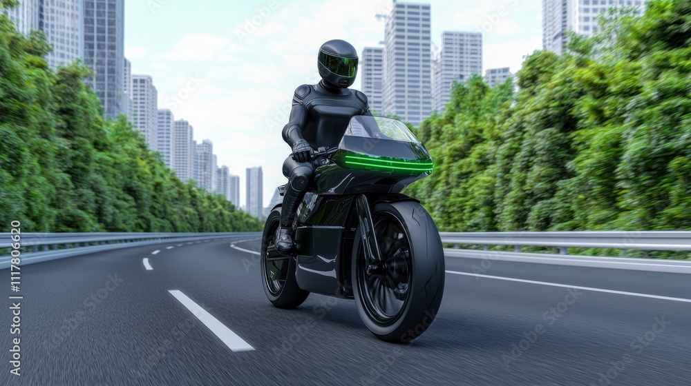 A futuristic motorcycle rides through a cityscape, flanked by green trees, showcasing advanced design and sleek aesthetics. A futuristic motorcycle rides through a cityscape, flanked by green trees, showcasing advanced design and sleek aesthetics.