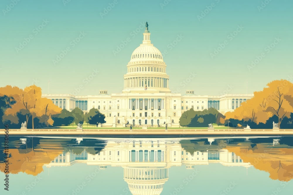 Obraz premium United states capitol building reflecting on the water in autumn