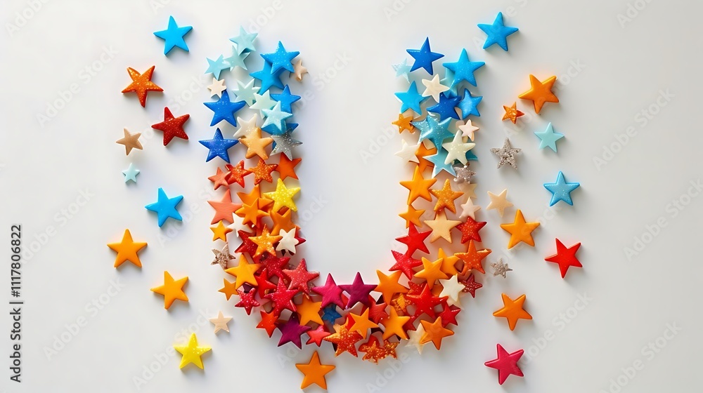 Colorful star-shaped objects arranged in the shape of the letter U on a white background. Colorful star-shaped objects arranged in the shape of the letter U on a white background.
