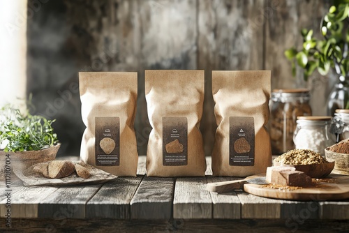 Rustic presentation of 3D printed food in sustainable kraft packaging with organic labels. photo