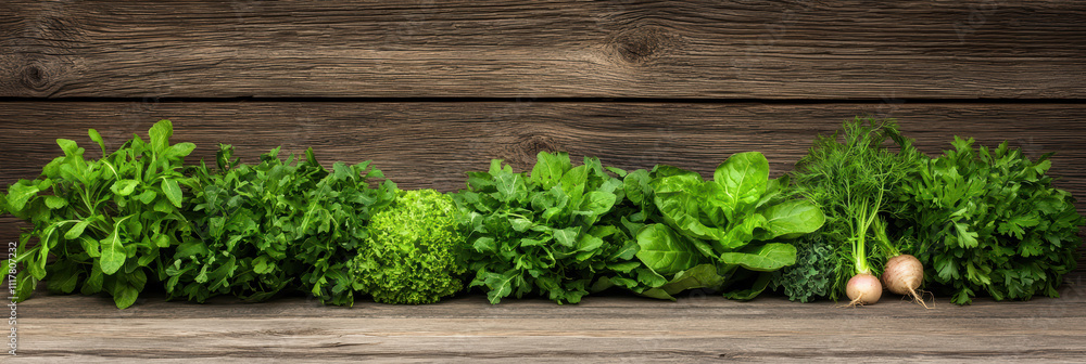 Fresh green herbs and vegetables arranged on wooden background Fresh green herbs and vegetables arranged on wooden background